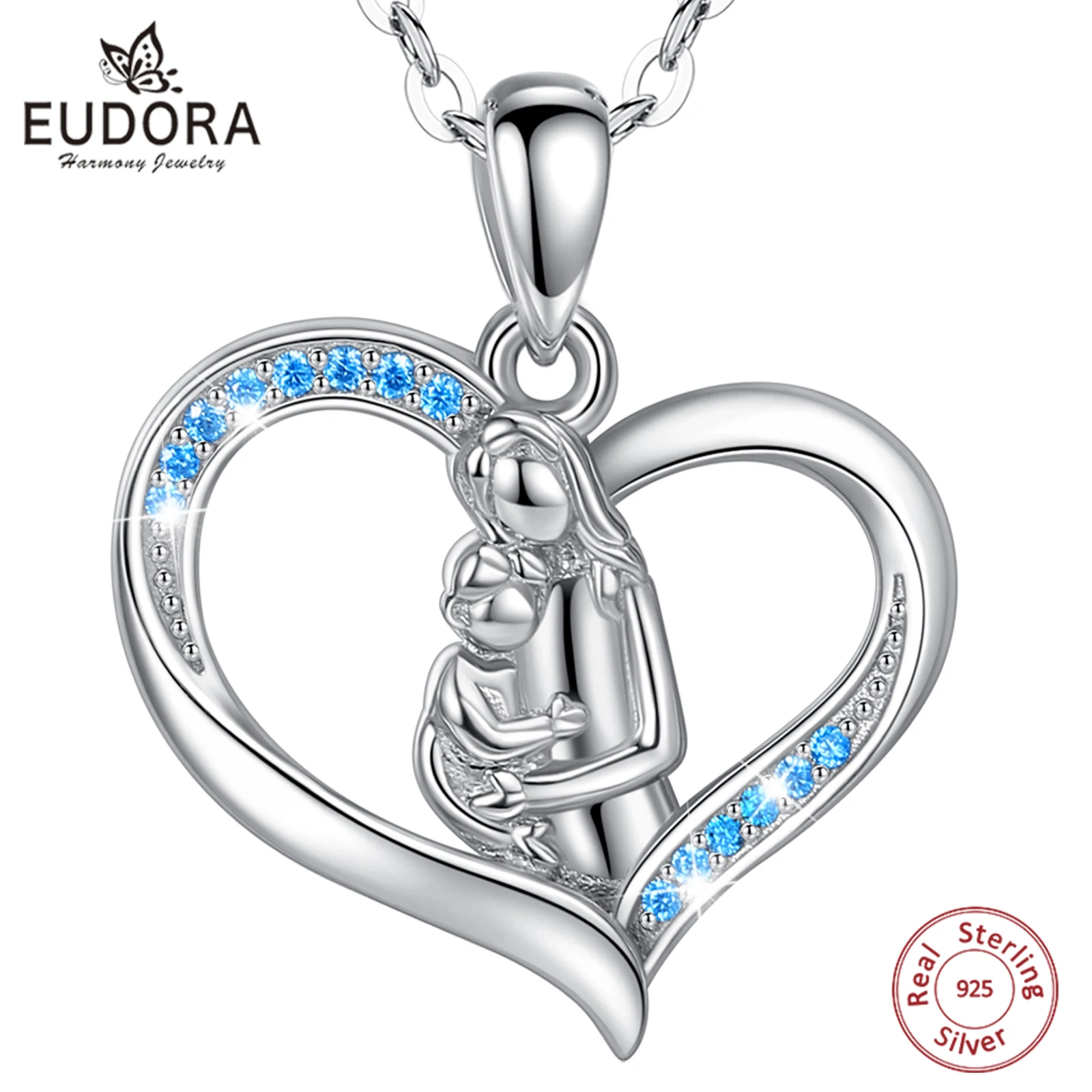 

Eudora, Настоящее серебро 925 пробы, кулон в виде сердца для мамы и ребенка, голубой CZ, ожерелье для женщин, модное серебряное ювелирное изделие для мамы, подарок CYD644