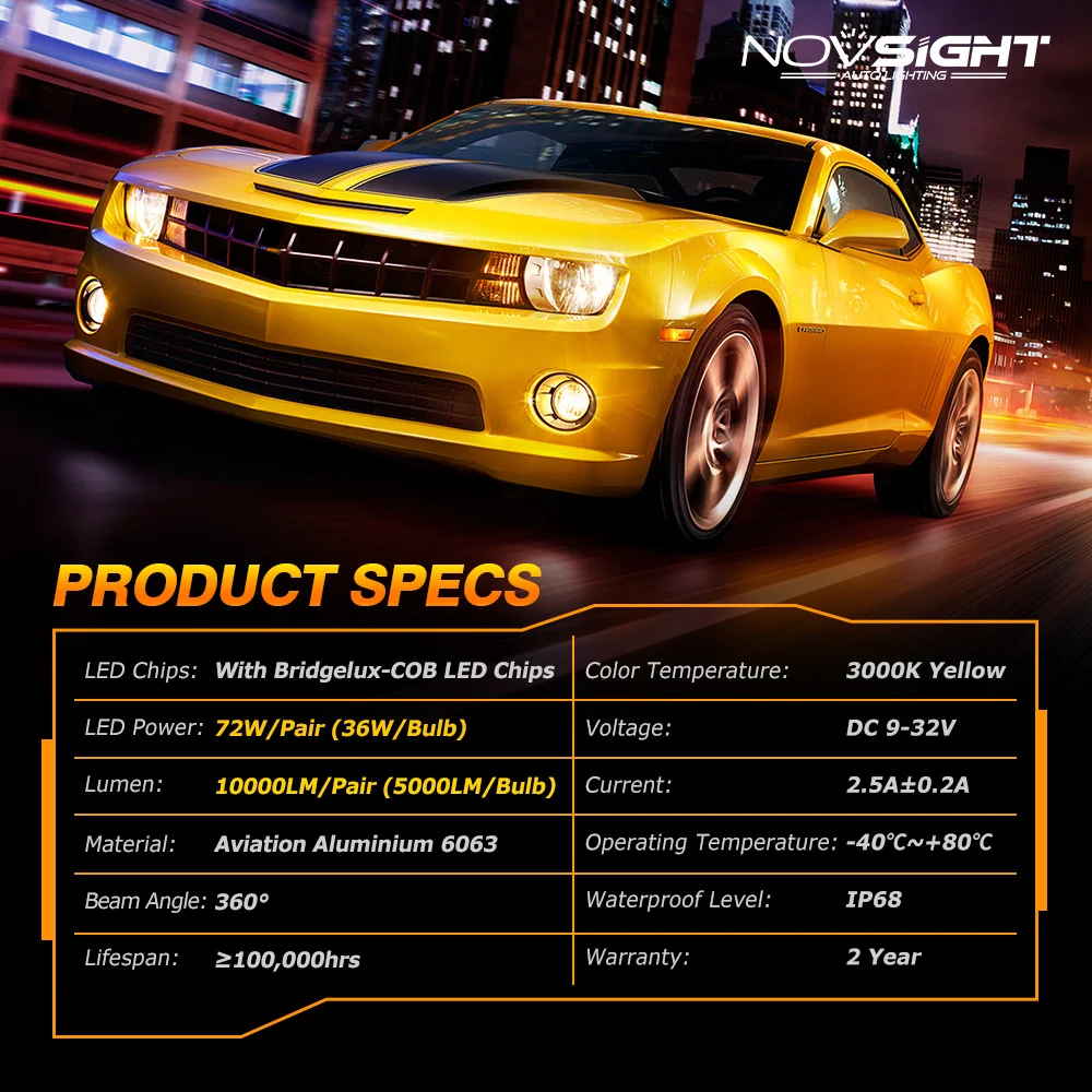 NOVSIGHT автомобильный головной светильник H4 светодиодный H1 H3 H7 H11 H8 H9 H13 9005 9006 9007