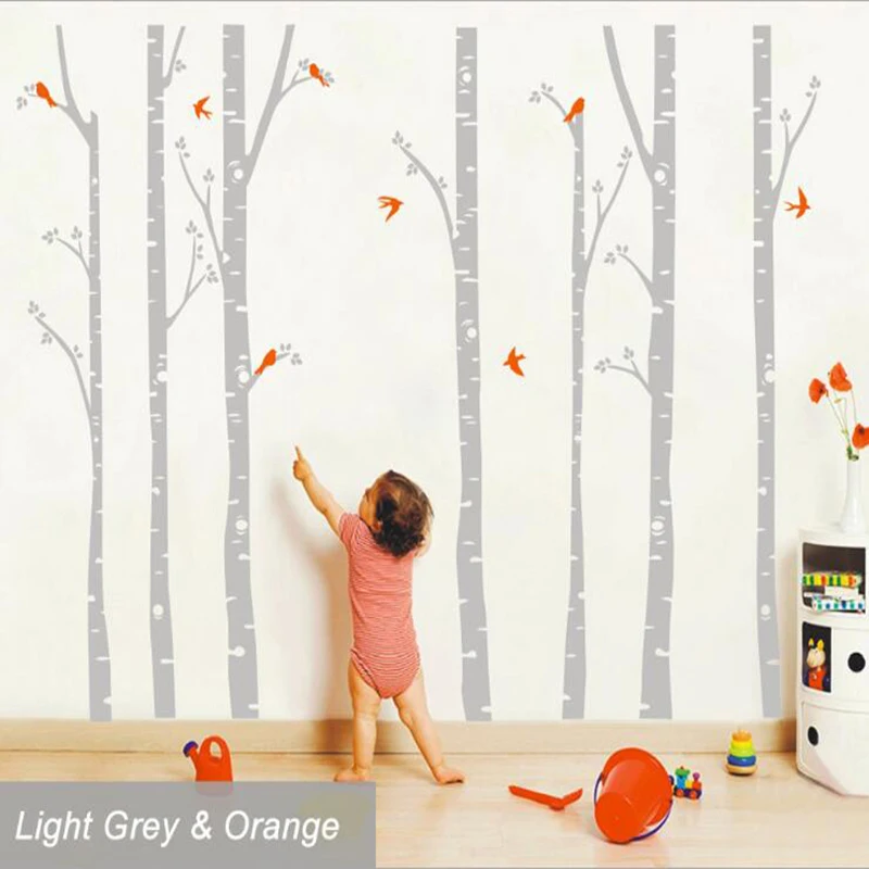 

6 Birch Tree with Birds Vinyl Stickers Set Removable Kid Room TV Background Wall Decal Nursery Wall Tattoo Perfect Quality Mural