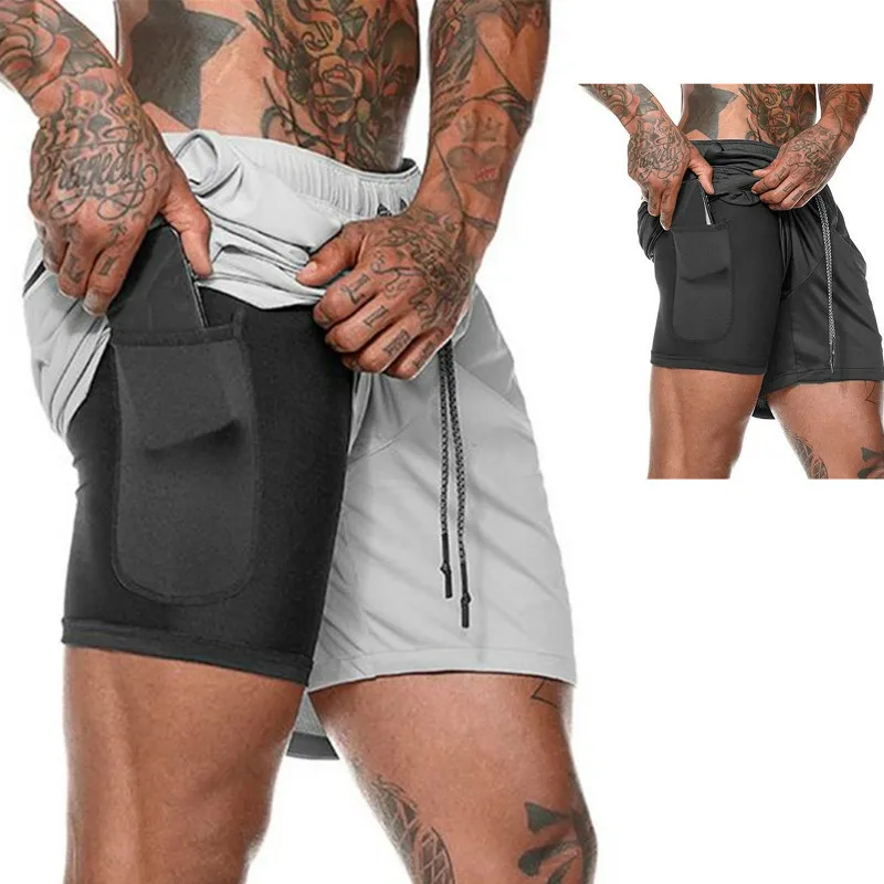 Дышащие шорты для бега мужские 2 в 1 штаны спортзала фитнеса бодибилдинга