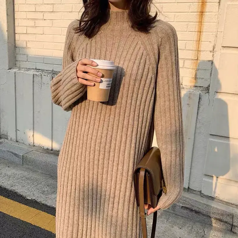 

2021 Autumn Winter Fashion Long Sleeve Turtleneck Sweater Long Dress Knitted Pullover Jumpers Aesthetic Clothes Casual Knitwear
