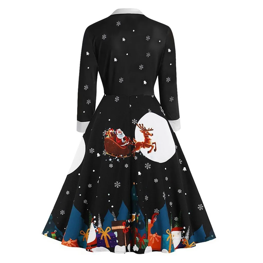 Винтажное женское платье с длинным рукавом, рождественское платье с принтом, зимнее элегантное платье для вечеринок, женское повседневное платье в стиле рокабилли Vestidos