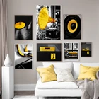 Черно-желтая Настенная картина с музыкой, запись, винтажная Картина на холсте, скандинавские плакаты и принты, настенные картины для гостиной, домашний декор