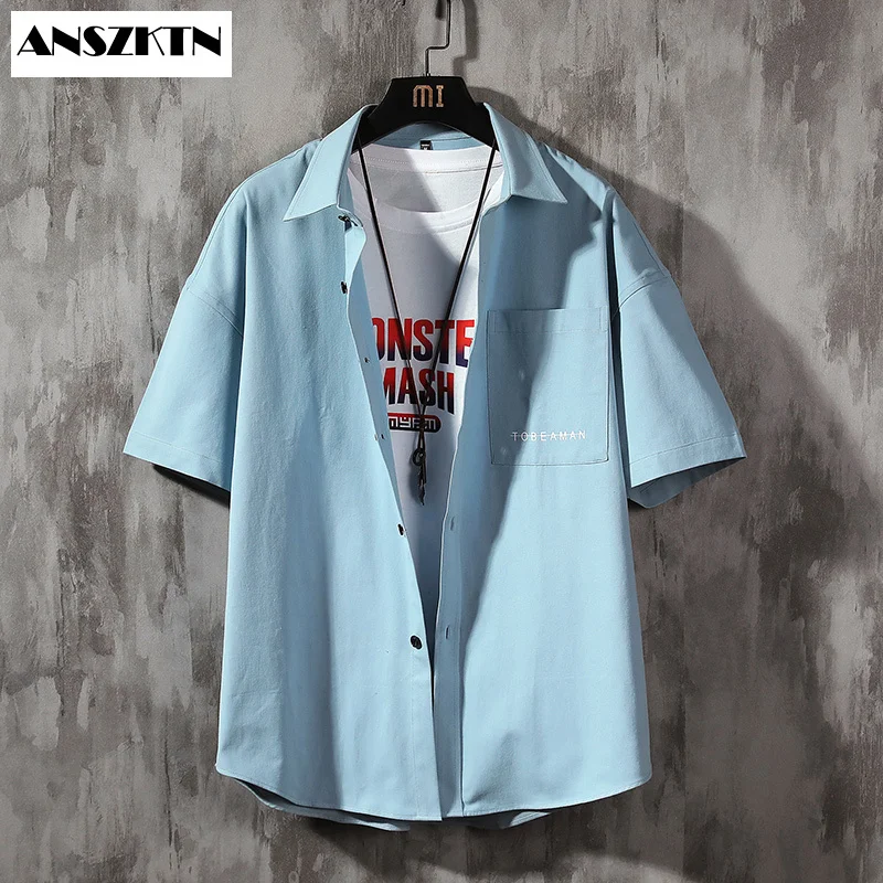 

ANSZKTN Regular-fit Short-Sleeve Summer Cotton Authentics Shirt Men's Chambray Safari Casual Fashion Shirts with Big Pocket