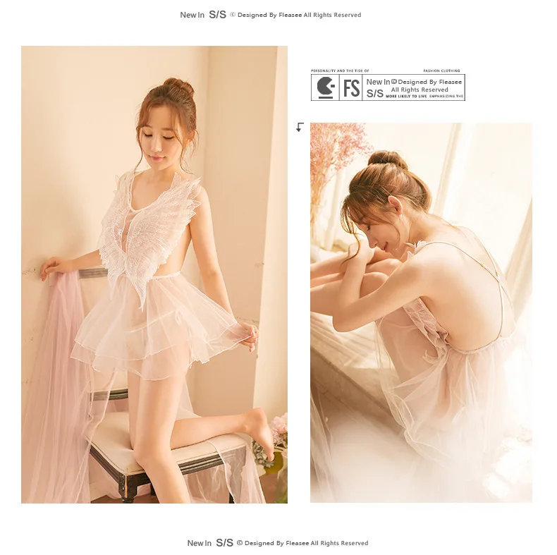 

Sexy sexy lingerie sexy small chest gauze transparent tulle lace lovely wing pajamas nightdress uniform
