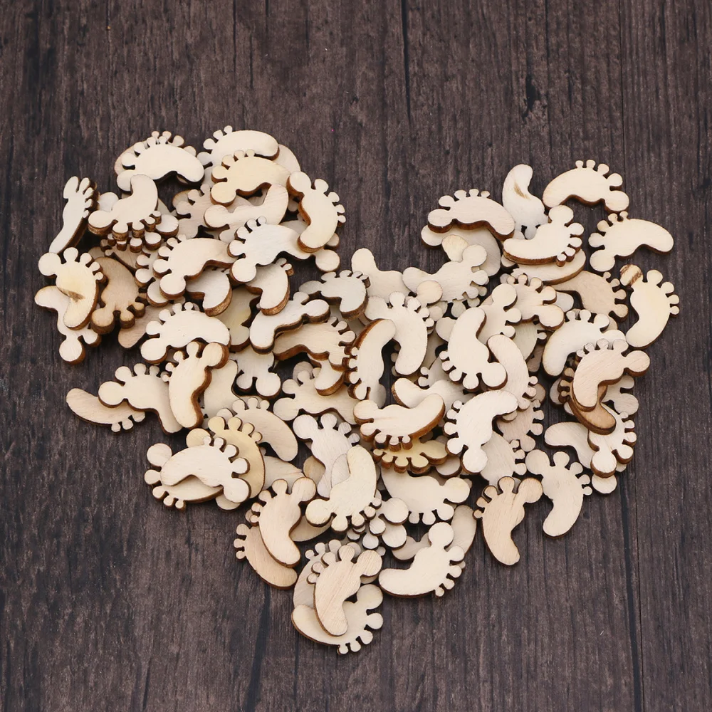 

100pcs Cartoon Foot Shape Wooden Pieces Cutouts Craft Embellishments Wood Ornament Manual Accessories for DIY Art