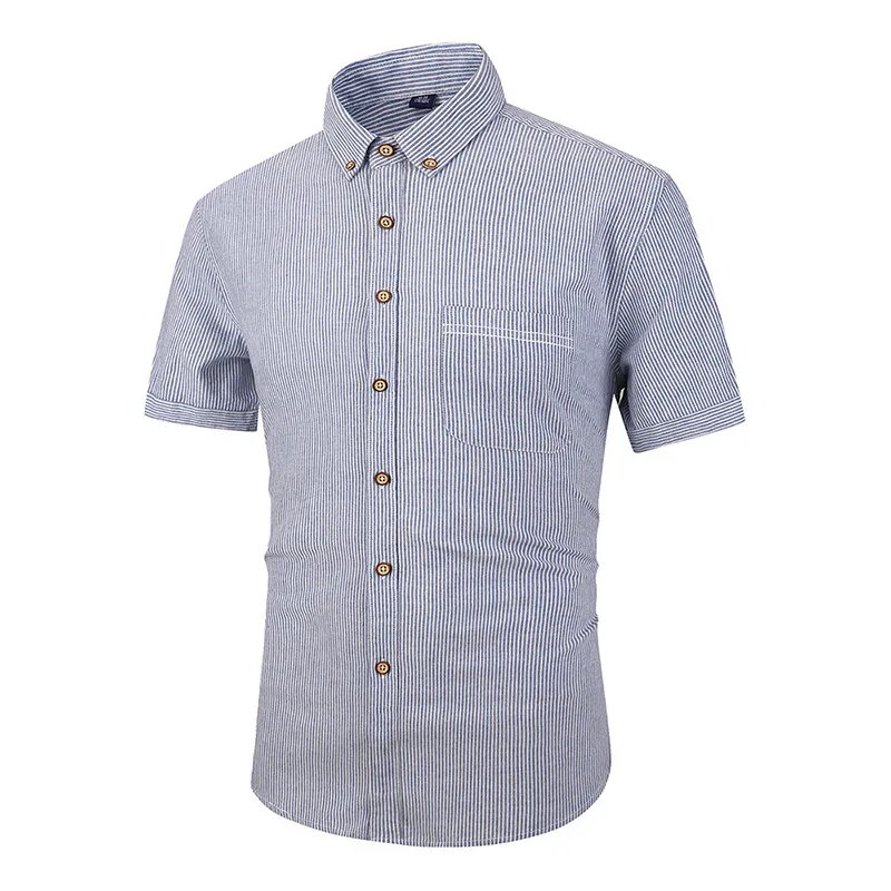 

D703 Men Business Casual Stripe Shirts Plus Sized Pure Cotton Square Collar Single-Breasted Short-Sleeved Pockets Slim Male Tops