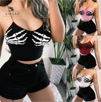 casual skeleton hand print bodycon crop tops women sexy v neck cartoon strap sleeveless harajuku clubwear camisole 2021 summer