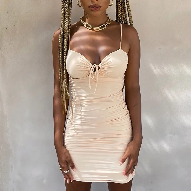 

Dress Bodycon Sleeveless Mini Dress Vacation Clubwear Beige Backless Woman Slim Hollow Out Folds Party Night Ruched Dresses