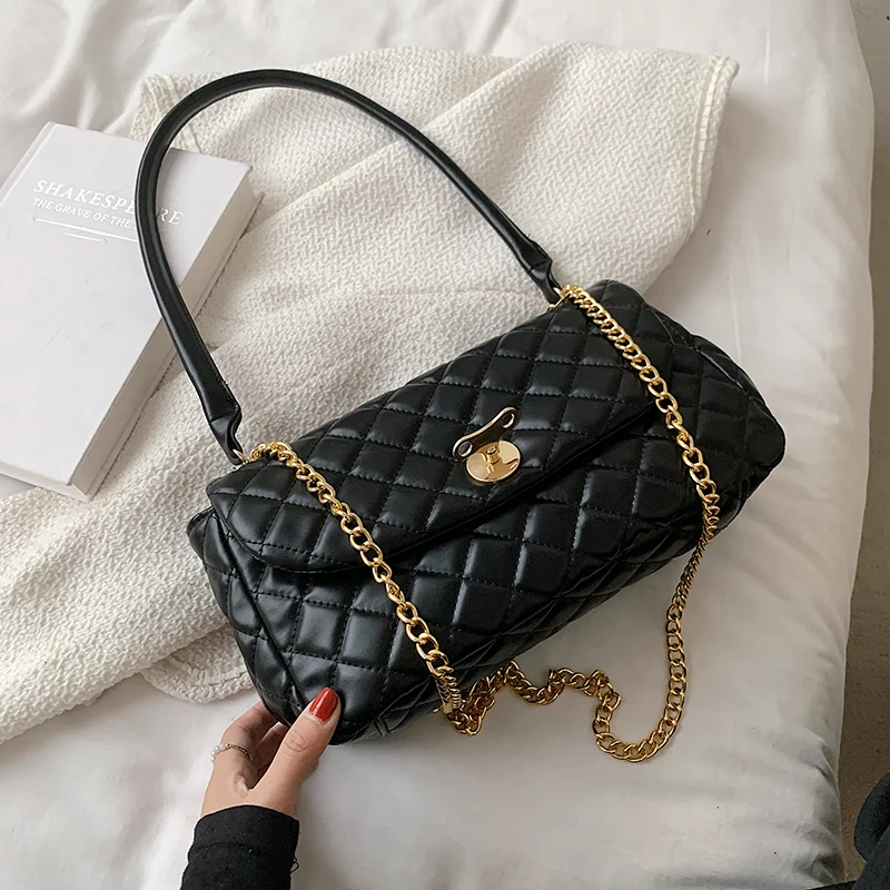 

Lingge PU Leather Women Big Handbag and Purses Shopper Shoulder Bag Chain 2021 Top-Handle Designer Luxury Black