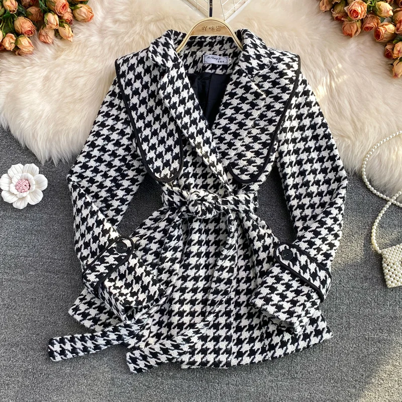 

2021 New Tweed Coat Women's Mid-length Houndstooth Plaid Autumn And Winter Waist Hepburn Style Small Woolen Coat Women Coats