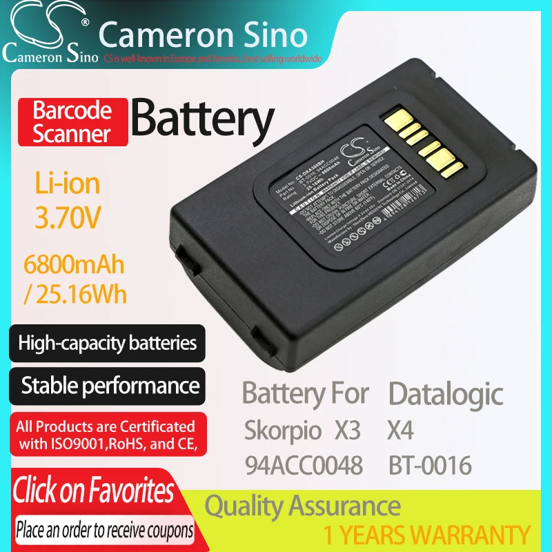 

CameronSino Battery for Datalogic Skorpio X3 X4 fits Datalogic 94ACC0046 BT-0016 94ACC0048 Barcode Scanner battery 6800mAh 3.70V