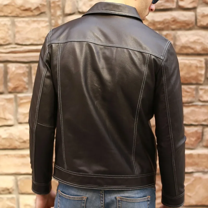 

Fashion Brand Mens Genuine Leather Jacket Single Breasted Slim Fit 100% Real Sheepskin Coat Retro Street Moto Biker Jackets Male