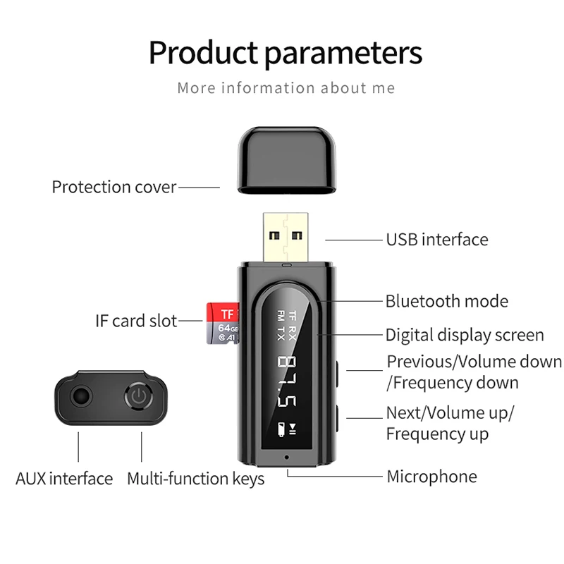 

Bluetooth 5.0 Receiver Transmitter LED CarModulator Card Reader 3.5mm AUX Jack RCA USB Wireless Audio With Mic