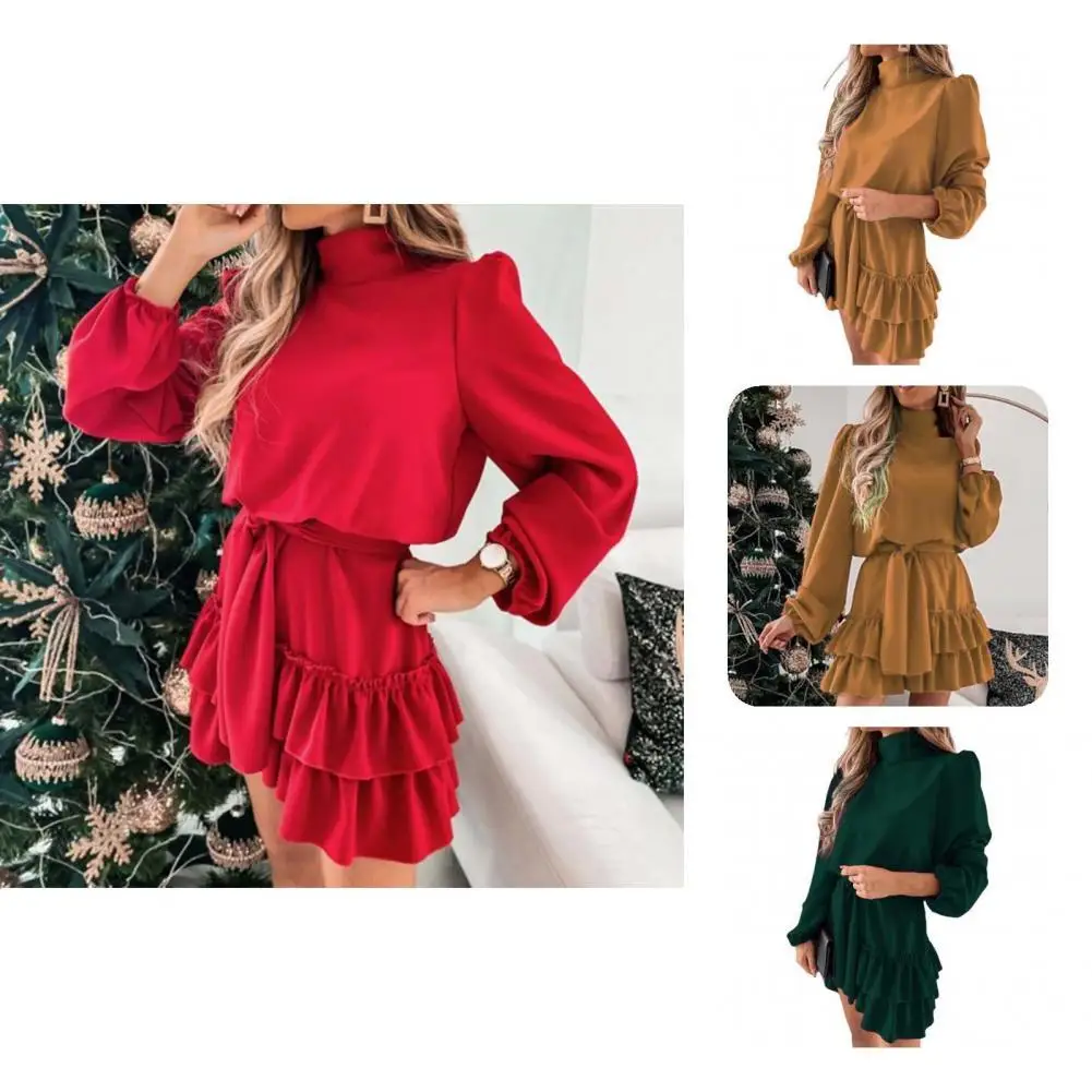 

All-Matched Delicate Ruffle Puff Sleeve Mini A-line Dresses Exquisite Female Dress Silky for Party