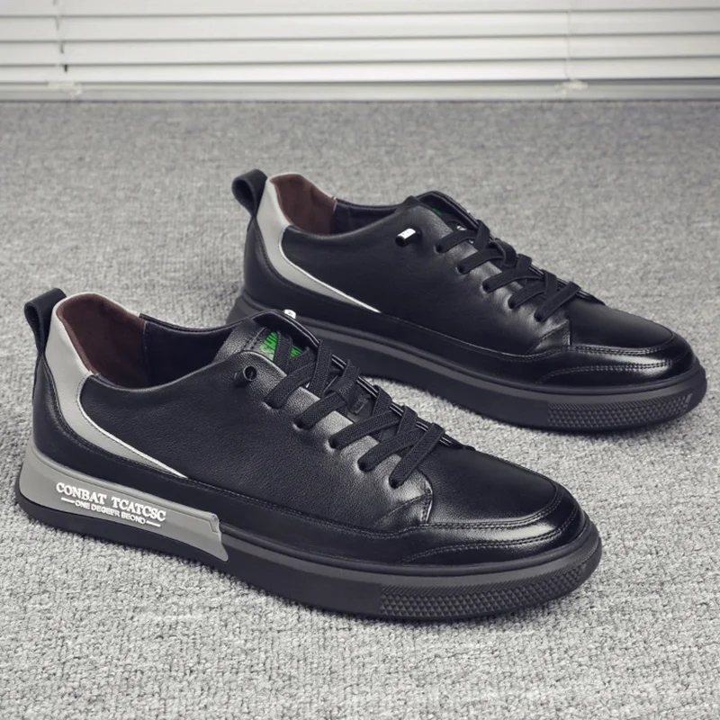 

Genuine Leather Shoes Men Sneakers Black White Shoes Fashion Young Man Street Footwear Brand Mens Casual Shoes