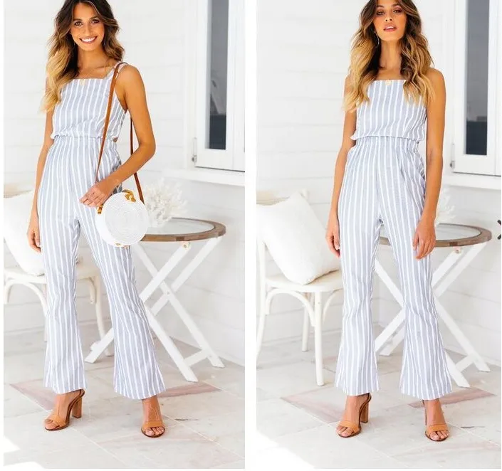 

Women's new fashion striped halter jumpsuit stacked leggings women clothes plaid pants