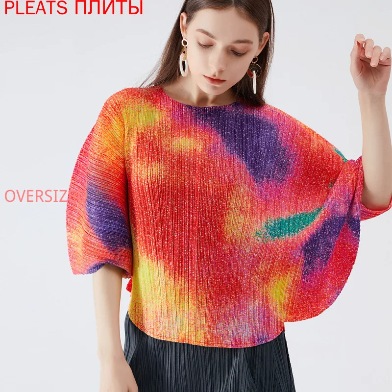 Miyake Fold Women's Cos Style 2021 Весна и лето новая футболка с рукавом три четверти принтом
