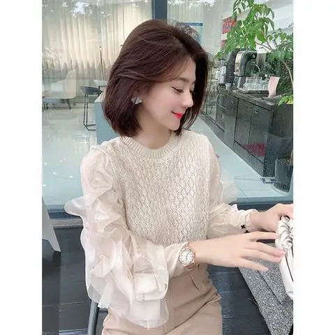 

Women 2021 Spring Autumn Fashion Patchwork Sweaters Hollow Out Design O-Neck Long Sleeve Pullovers Casual Loose Knitted Top A760