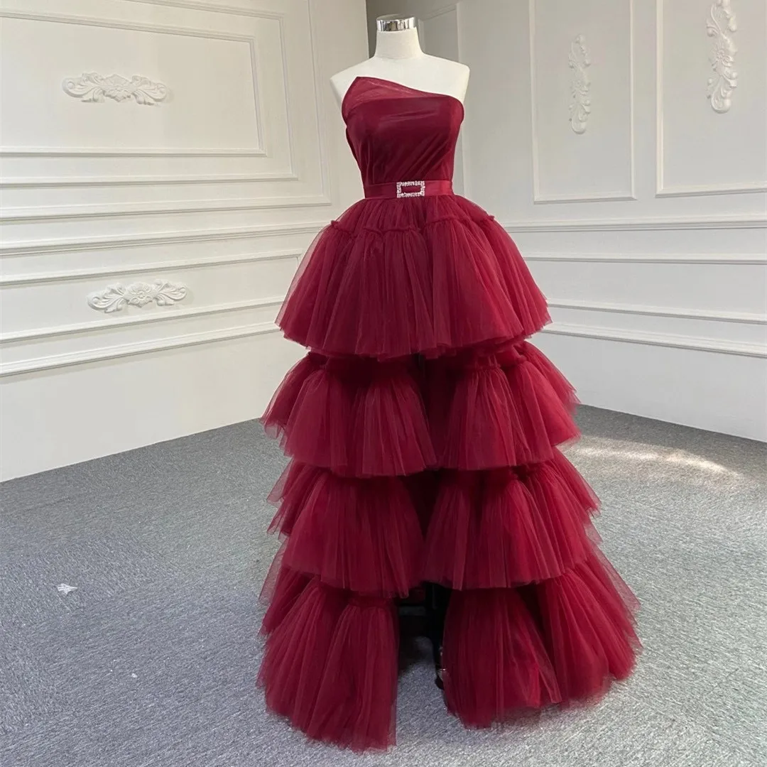 

Long Prom Dress Elegant Tiered Evening Gown with Sweep Train Strapless Sleeveless Vestide De Fiesta Lace Up Back