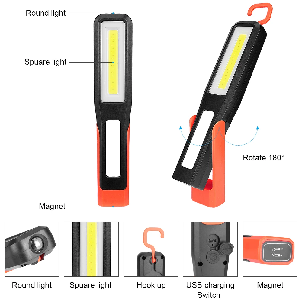 LED COB Working Lamp Portable Lantern Built-in Battery Torch Flashlight 3 Modes Emergency Light USB Recharging Lanterna | Лампы и