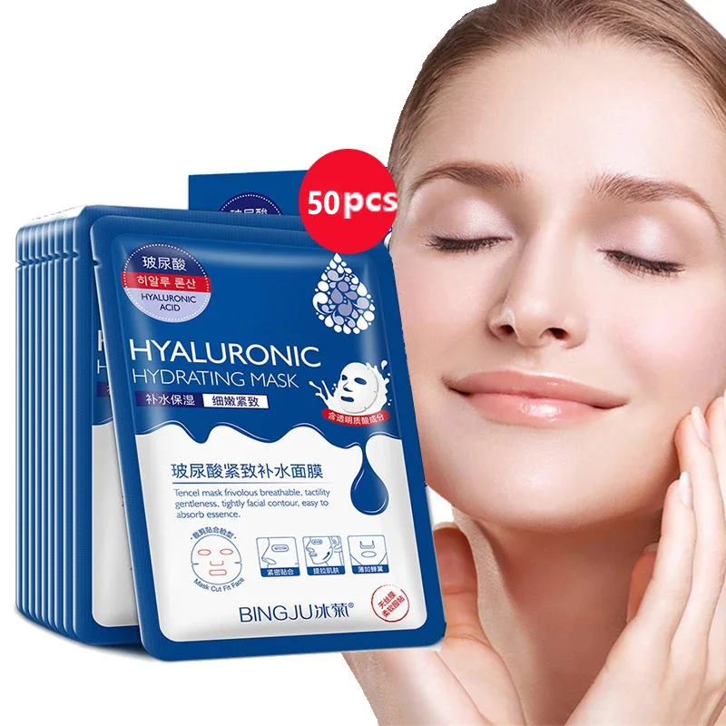 

50pc/lot Face Mask Hyaluronic Acid Facial Mask Sheet Whitening Firming Anti-Aging Shink Pores Moisturizing Oil-Control Skin Care