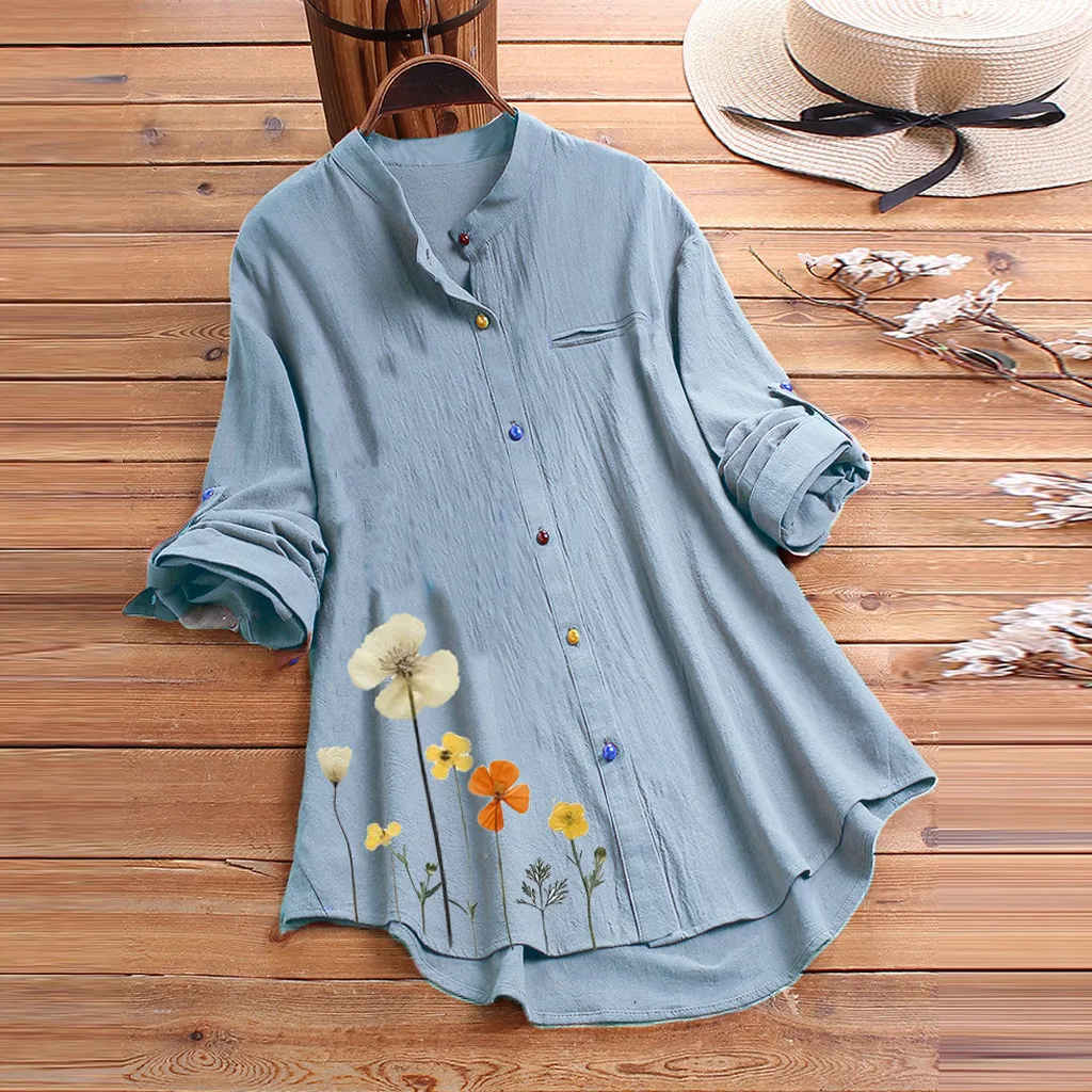 Womens Tops And Blouses Plus Size Vintage Casual Shirts Flower Print Colorful Clothing Button Long Sleeve Blouse For Lady Camisa |