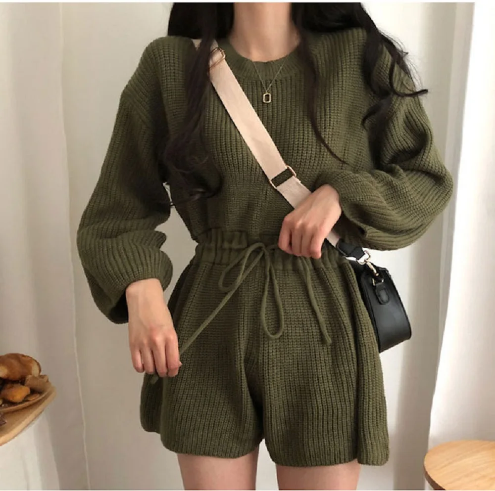 

2021 autumn new Korean style loose fashion lace design waist sweater jumpsuit shorts jumpsuit