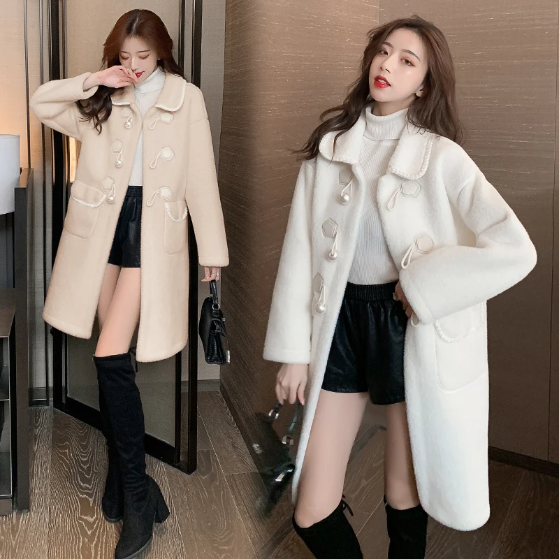 

Новое зимнее шерстяное пальто с жемчужной застежкой joker, длинное меховое пальто из норковой шерсти, женское меховое шерстяное пальто