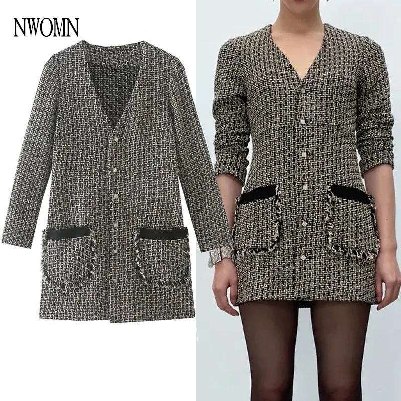 

NWOMN Za 2021 Women Dress Vintage Texture Office Lady Mini Short Woman Fashion Button Long Sleeve Pocket Ladies Casual Dresses