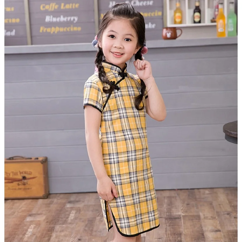 Китайское традиционное платье в клетку для маленьких девочек короткие платья
