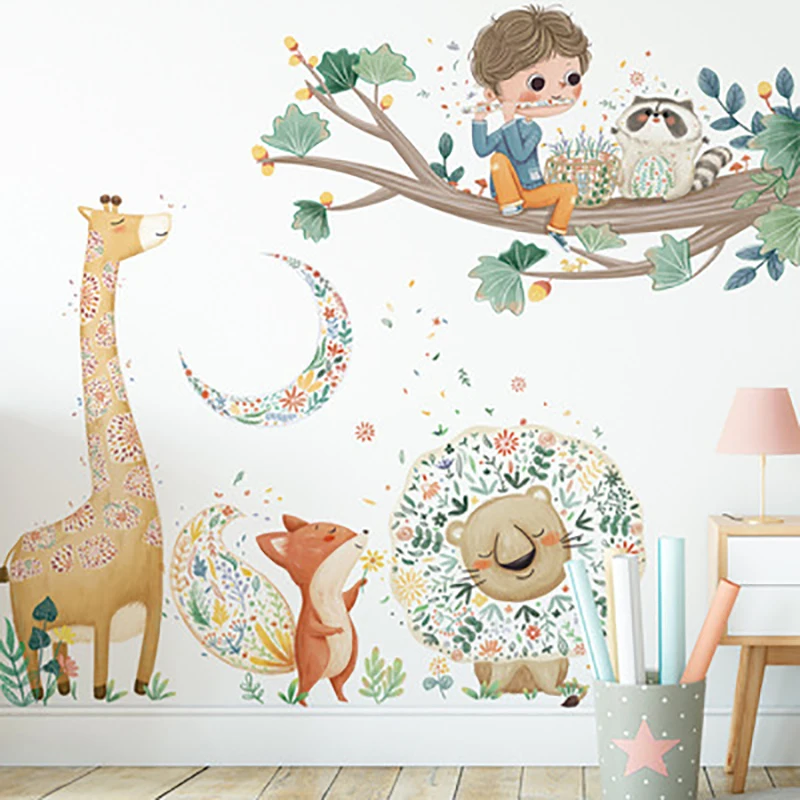 Wall Stickers for Kids Rooms Giraffe Lion Fox Child Wallpaper Decorative Sticker Children's Wall Room Bedroom Decor Wallpaper