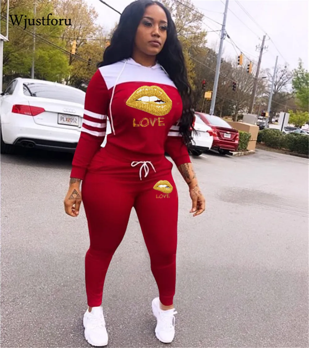 Wjustforu/женский комплект из двух предметов с принтом губ топы длинными рукавами и