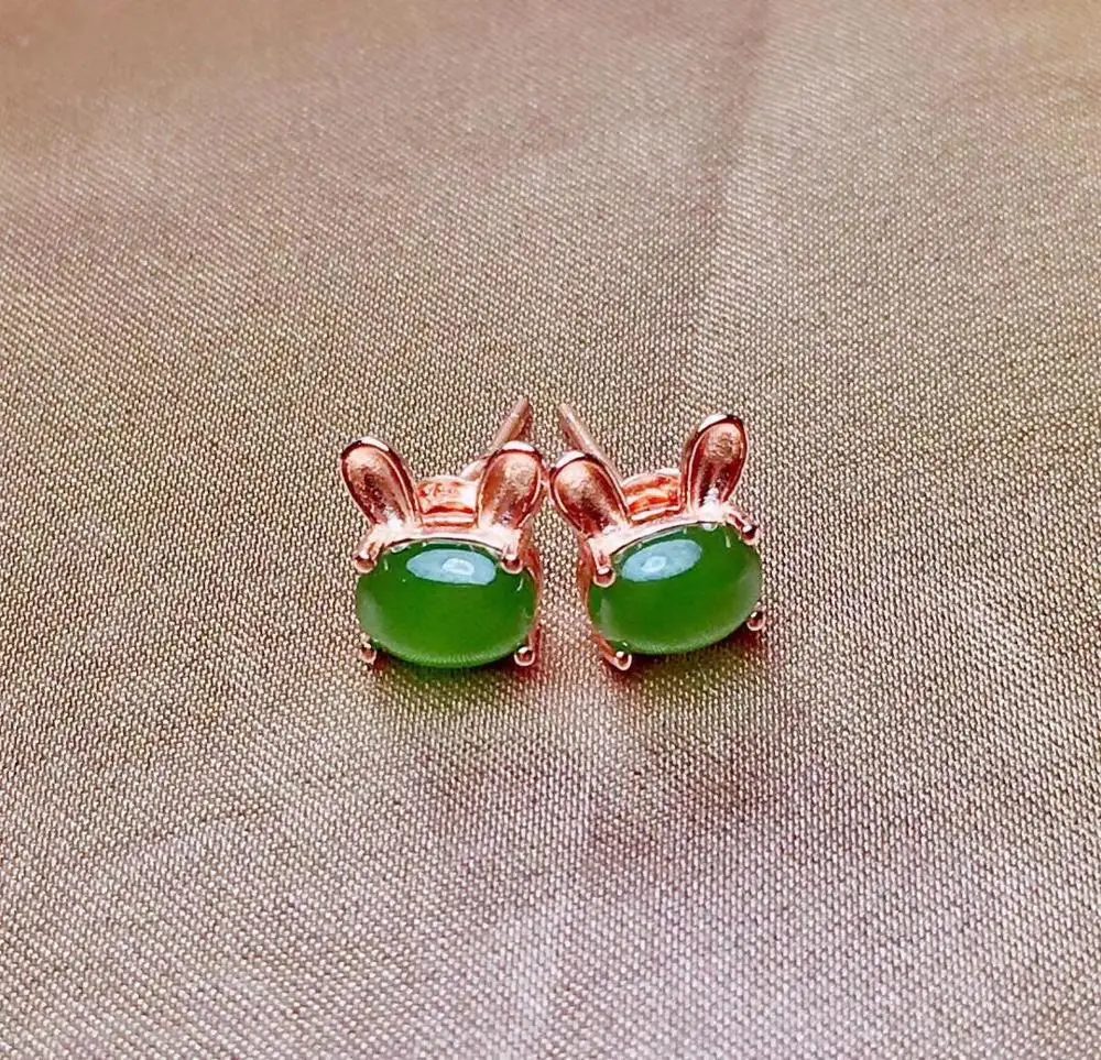 

fashion RABBIT style green Jade stud earring for women jewelry real 925 silver gold plated oval natural gem girl party gift