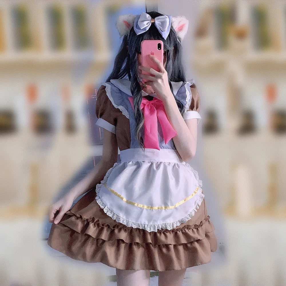

Cute Maid Cosplay Costume Lolita Maid Dress Short Sleeves Blocked Waitress Pinafore Outfit Halloween Outfit For Women Girls