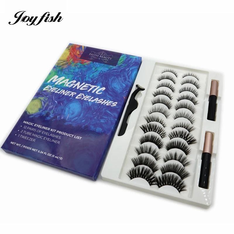 

12 Pairs Magnetic Eyelashes Mix Styles 3d False Mink Eye Lash Extensions with Waterproof Eyeliner and Tweezers Set Makeup Vendor