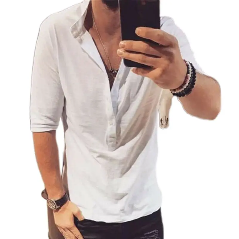 

Футболка мужская однотонная с рукавом до локтя, модная повседневная тенниска для отдыха, майка на пуговицах, одежда на лето