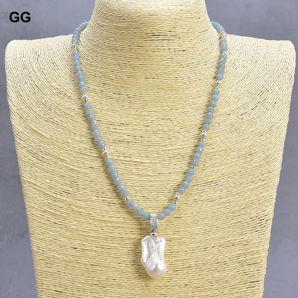 

GuaiGuai Jewelry 19" Natural 6mm Blue Angelite Necklace Cultured White Keshi Pearl Pendant