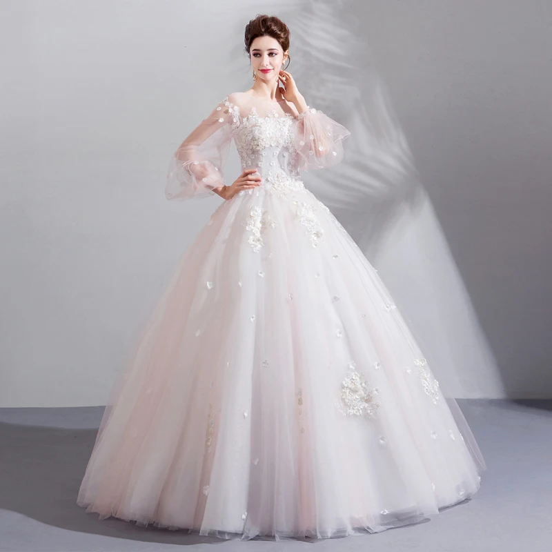 Свадебные платья с кружевной аппликацией и длинными рукавами-фонариками