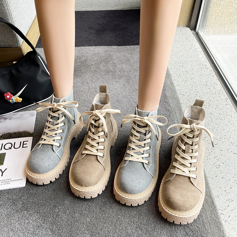 

Flock Women Ankle Boots Platform Snow Boots Lace Up Warm Plush Winter Female Safety Botas Khaki Soft Comfortable Boots