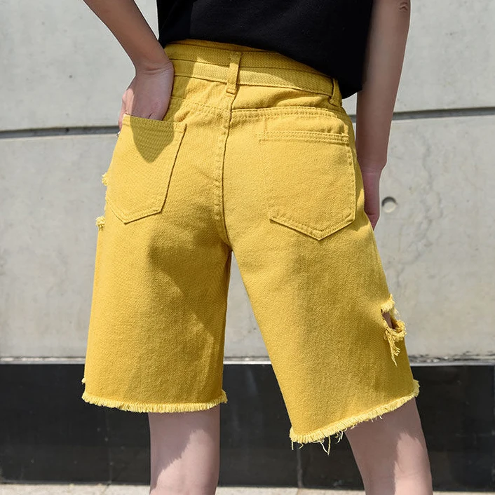 

Yellow Denim Capris women's summer loose straight tube middle tube holed middle pants tide pants High Waist Shorts