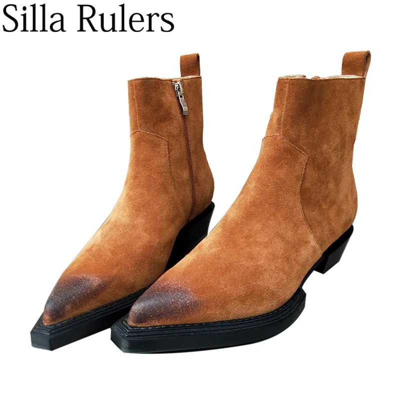 Женские замшевые ботинки-челси с острым носком и квадратным | Обувь