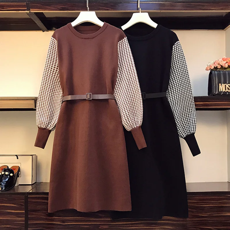 

Plaid Black Knitted Thick Sweater Plus Large Size Oversize Korean Fashion Kawaii Women'S Elegant Dresses Autumn 2021 Clothing