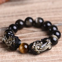 tiger eye obsidian gemstone bracelet natural gold obsidians for men and women chinese style retro vintage double pixiu charm