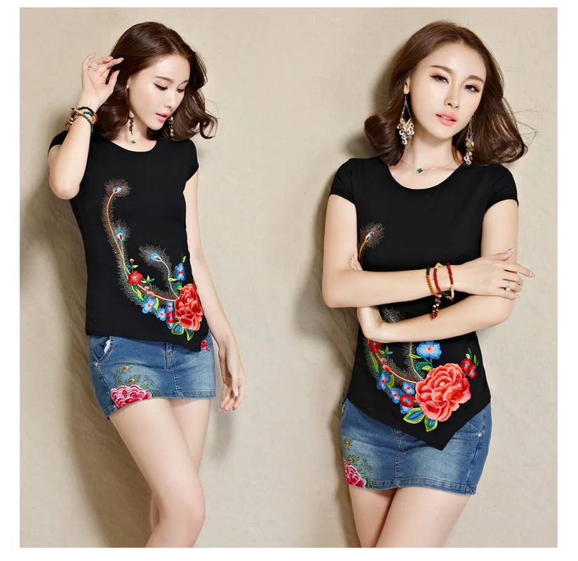 

New Summer Folk-Custom Exoti Blouse Shirt Women Short Sleeve Shirts Elegant Embroidery Shirts Harajuku Blouse Women Haut Femme