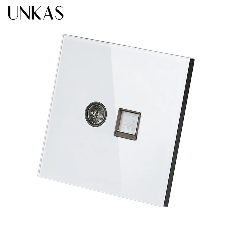 Белая Роскошная прозрачная панель UNKAS из закаленного стекла RJ45 Интернет разъем с