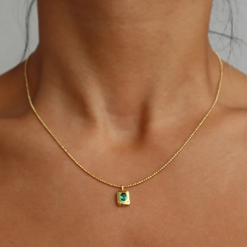 

Stainless Steel Jewelry Beads Chain Emerald Pendant Necklace