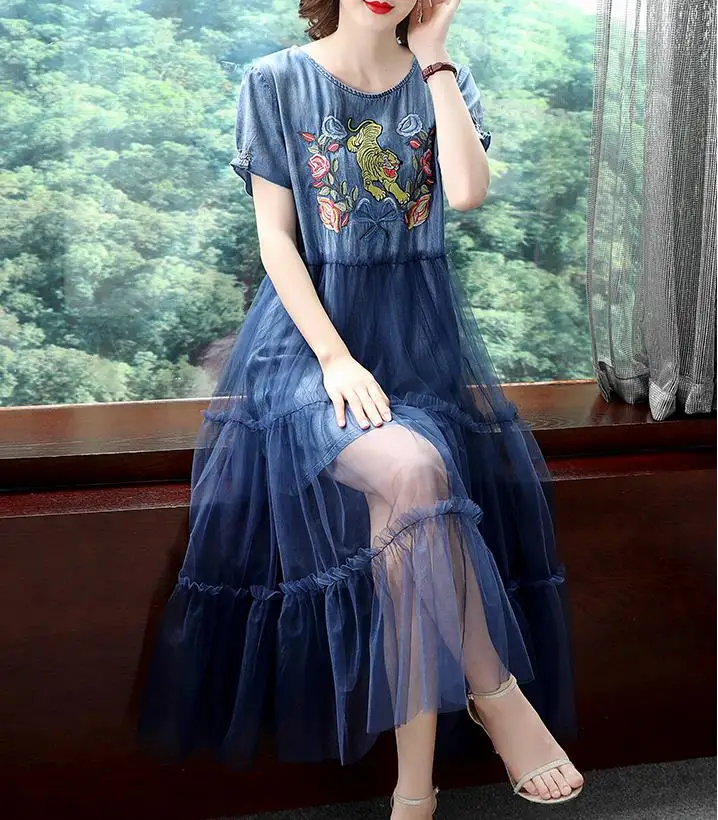 

2020 summer new vintage mesh stitching denim dress women short sleeve embroidered a-line dress