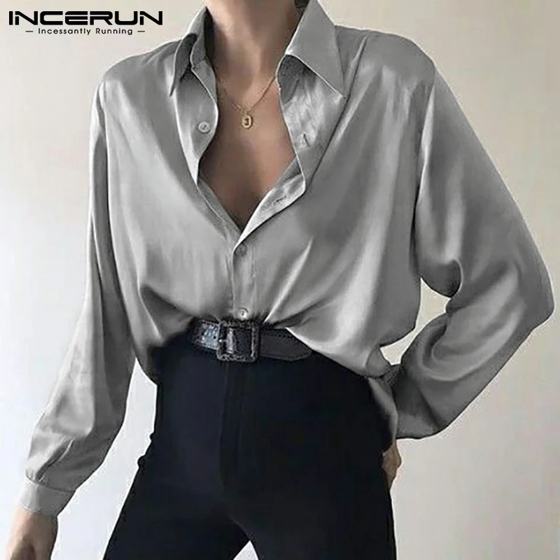 

Рубашка INCERUN мужская с отложным воротником, модная дышащая тонкая блуза с длинным рукавом, свободная уличная одежда, 2021