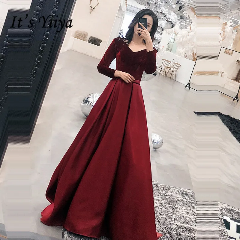 

It's Yiiya Velour Evening Gown V-Neck Patchwork A-Line Floor Length Dress Long Sleeve Lace Up Backless Evening Dress 2020 K359